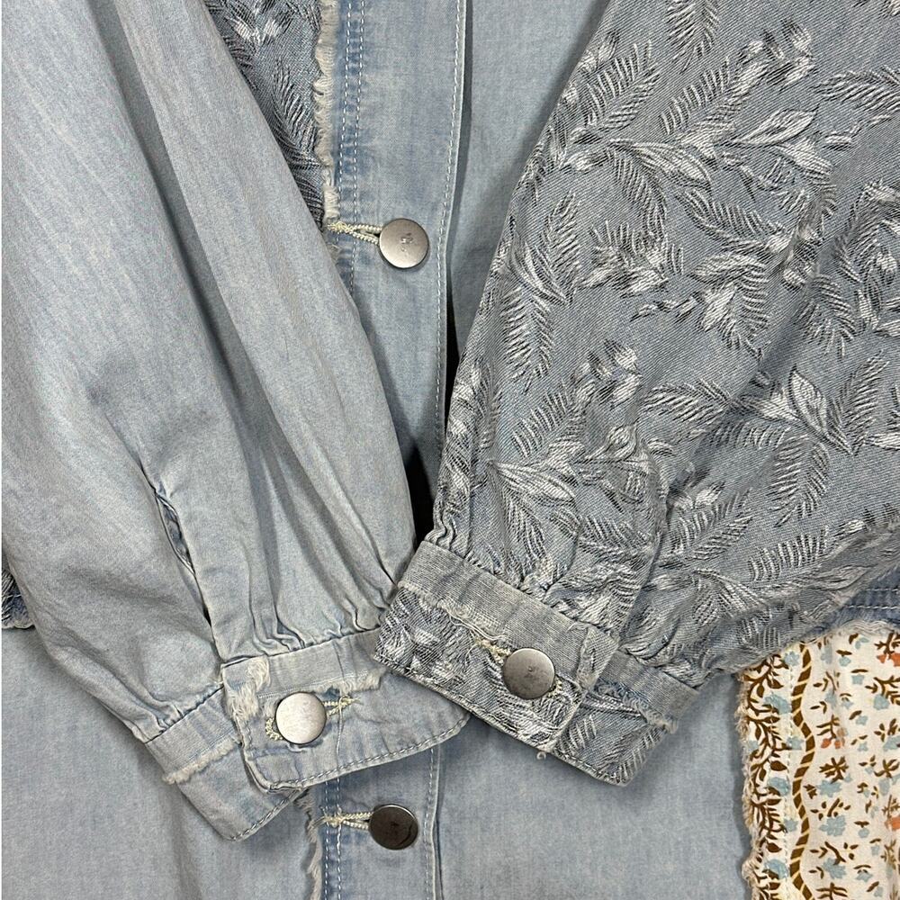 POL Patchwork Exposed Seam Button Up Top Chambray Floral Long Sleeve Boho Sz S - Picture 7 of 14